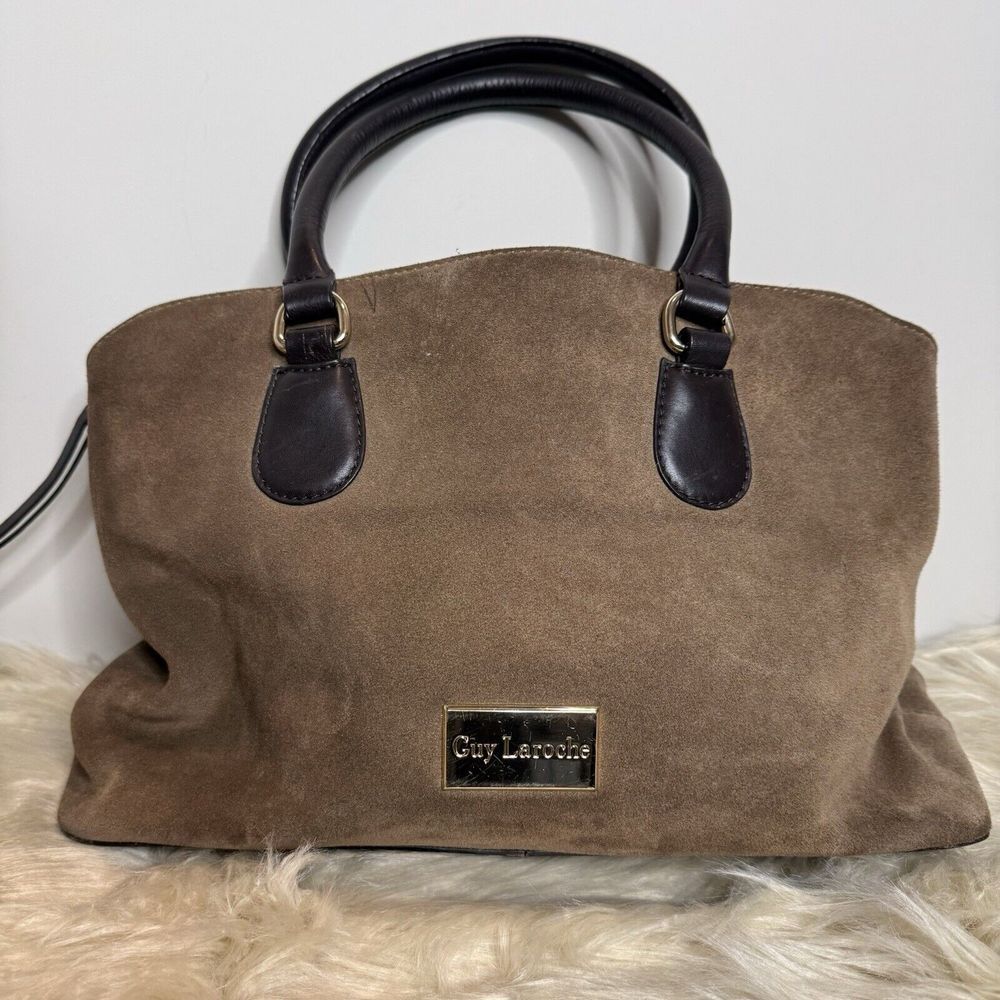 Guy Laroche Brown Suede Satchel Gold Hardware Brown Lining Brown Straps